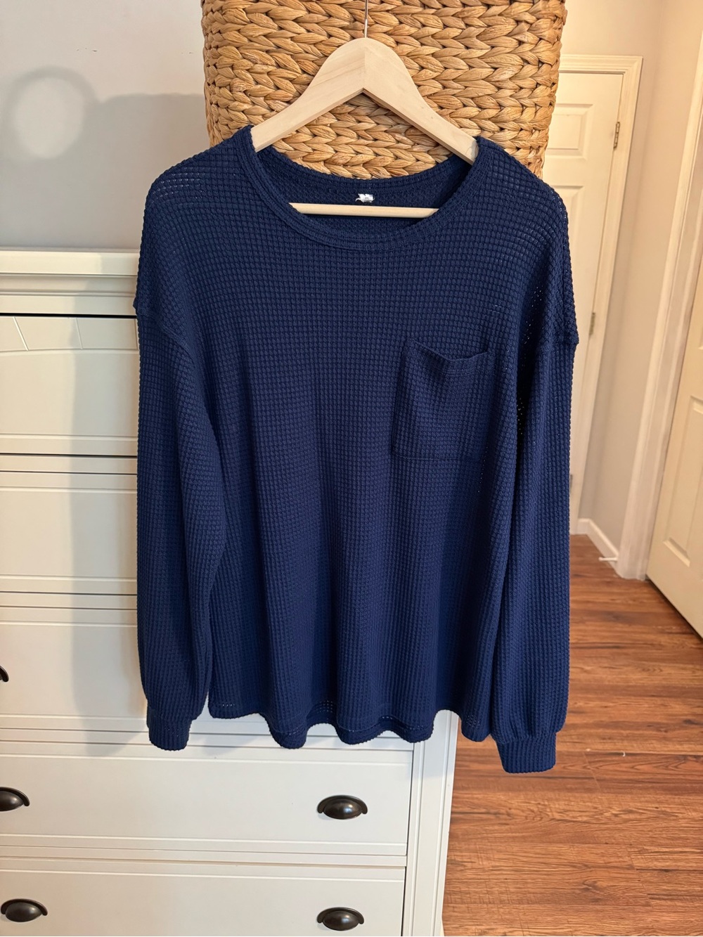 Navy Blue Waffle Knit Long Sleeve Top Pocket Oversized Casual Lounge